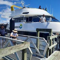 Getting off boat in Russell for a look around.