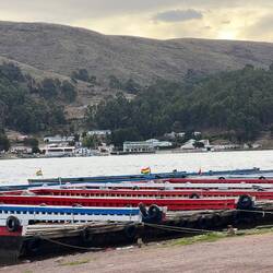Ferry rafts moored up waiting for the wind to drop