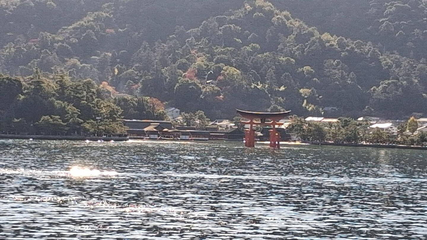 Erster Blick von der Fähre aus auf Japans meistfotografierten Torii