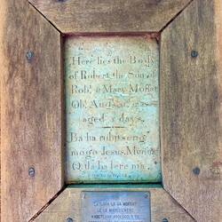 The grave stone for baby Robert Moffat who died at 5 days. It's in both English and Sechuana