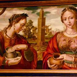 Close up of bottom left panel, showing Saints Justa and Rufina with La Giralda before alteration