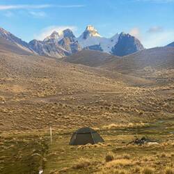 Our campsite at sunrise. Condoriri shines clear
