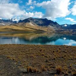 Lago Tuni, reflecting Condoriri on the left, Cerro Zongo Jisthaña on the right.