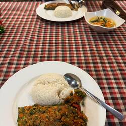 Traditional Balinese meal served in a banana leaf at a local family run warung