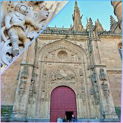 Portada de Ramos, die Nordfassade der Neuen Kathedrale, hier ist der Astronaut auf dem Relief