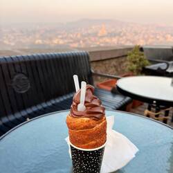 Roasted funnel cake, lined with Nutella, filled with ice cream, and a cookie to cap the bottom