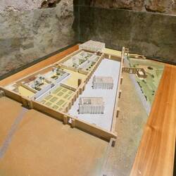Model showing part of the mosque (far side) and the baths on near left