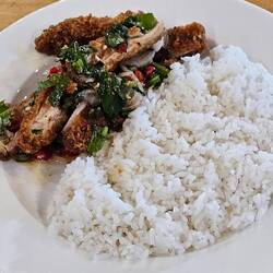 Knuspriges Hühnchen mit Reis.