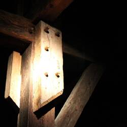 No nails in the woodwork. Just white oak dowels. Wood was from various sources, painted in ox blood