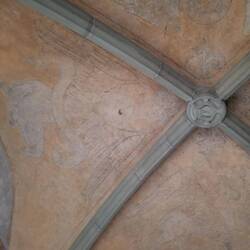 Faded frescoes of the four Evangelists in the ceiling arches. Tres medieval.