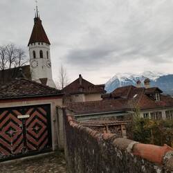 View from the castle. Most Swiss churches have a clock on the tower.