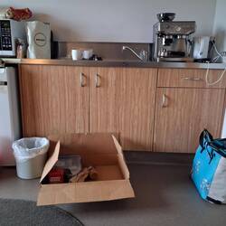 This is in the Franz Joseph motel - you can see the cluttered kitchen bench and our coffee machine