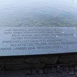 Memorial to Felix Manz, the first Anabaptists killed for his faith. Drowned in mockery.