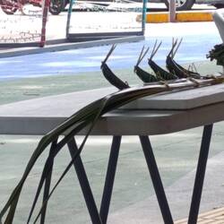 Heuschrecken aus Palmblättern gebastelt