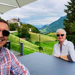 We stop for a drink at a café ... can you see the deer? — Gruyères, Switzerland.