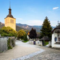 We head down toward the church for an after dinner stroll — Gruyères, Switzerland.