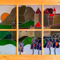 Gruyères Castle depicted in glass — Gruyères, Switzerland.