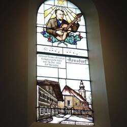 Stained glass commemorating composer Franz Gruber who was from a neighboring town a couple K away.