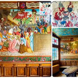 Knights' Room paintings; upper left shows an original fresco that was covered by the paintings.