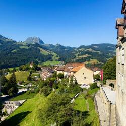View of the town & Moleson ... from Château de Gruyères — Gruyères, Switzerland.