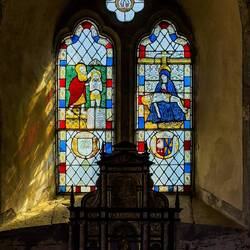 Stained glass window at the chapel ... Château de Gruyères — Gruyères, Switzerland.