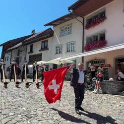 Alpenhorn concert on Rue de Bourg — Gruyères, Switzerland.