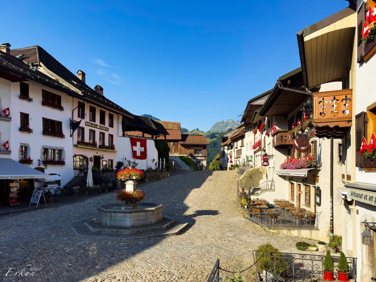 At 8:00a ... Rue de Bourg is quiet ... not a soul is around — Gruyères, Switzerland.