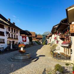 At 8:00a ... Rue de Bourg is quiet ... not a soul is around — Gruyères, Switzerland.