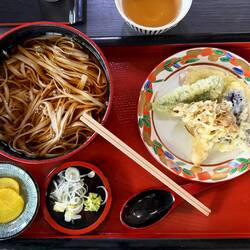 Unsere Soba mit Tempura (Buchweizennudelsuppe und frittiertes Gemüse)