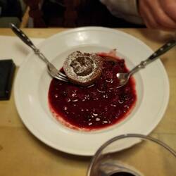 Chocolate souffle with fruit.