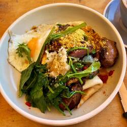 Lamb back strap, egg plant, halloumi