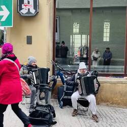 La banda bajo las luces del mercado roba sonrisas y aplausos.