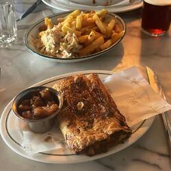 My vegetarian "sausage" roll with apple chutney; Graham has Eggplant Parmigiana with chips!