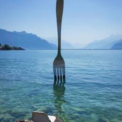 "The Fork" ... installed by the Alimentarium in Lake Geneva by special permission — Vevey.