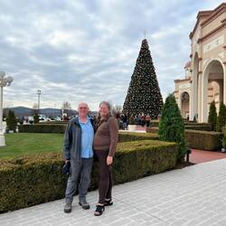 Big Christmas tree in front of the Sights and Sound theater.