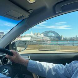 Holland America ship and Harbour Bridge from the road