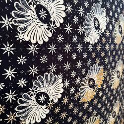 Dyed fabric. Wax has been applied a 2nd time to some areas ready for fabric to be dyed a 2nd colour.