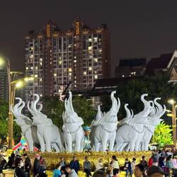 Die Elefanten stehen mittig auf dem Wasserspielplatz