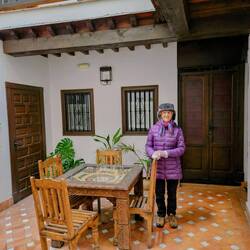 Our outside patio. Me trying out my warm hat (which I used all evening!)