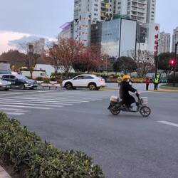 Ein ruhiger Verkehr, da Roller und Autos großteils in Shanghai elektrisch fahren