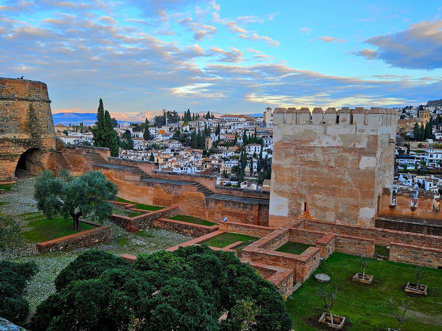 Early morning view of Alcazaba (fort) and grounds with city in background