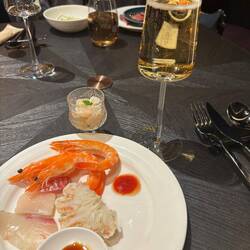 Fresh prawns, crab and scallops. Plus a glass of bubbly