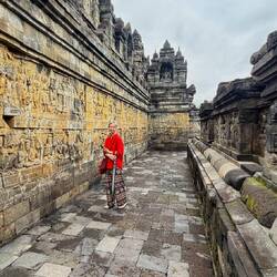 Amanda looks at the stories, carved into the stone