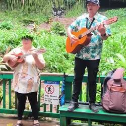 Hier wird zu Gitarre und Ukulele gesungen.