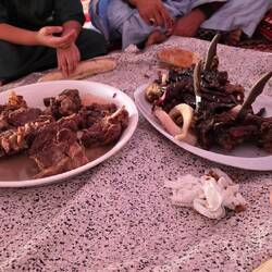 Camel meat in various forms, eaten with rice rolled up in the right hand