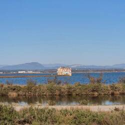 Binnenseitig entlang der Straße der Küstensee Etang de l' Or, 1 - 4m tief.