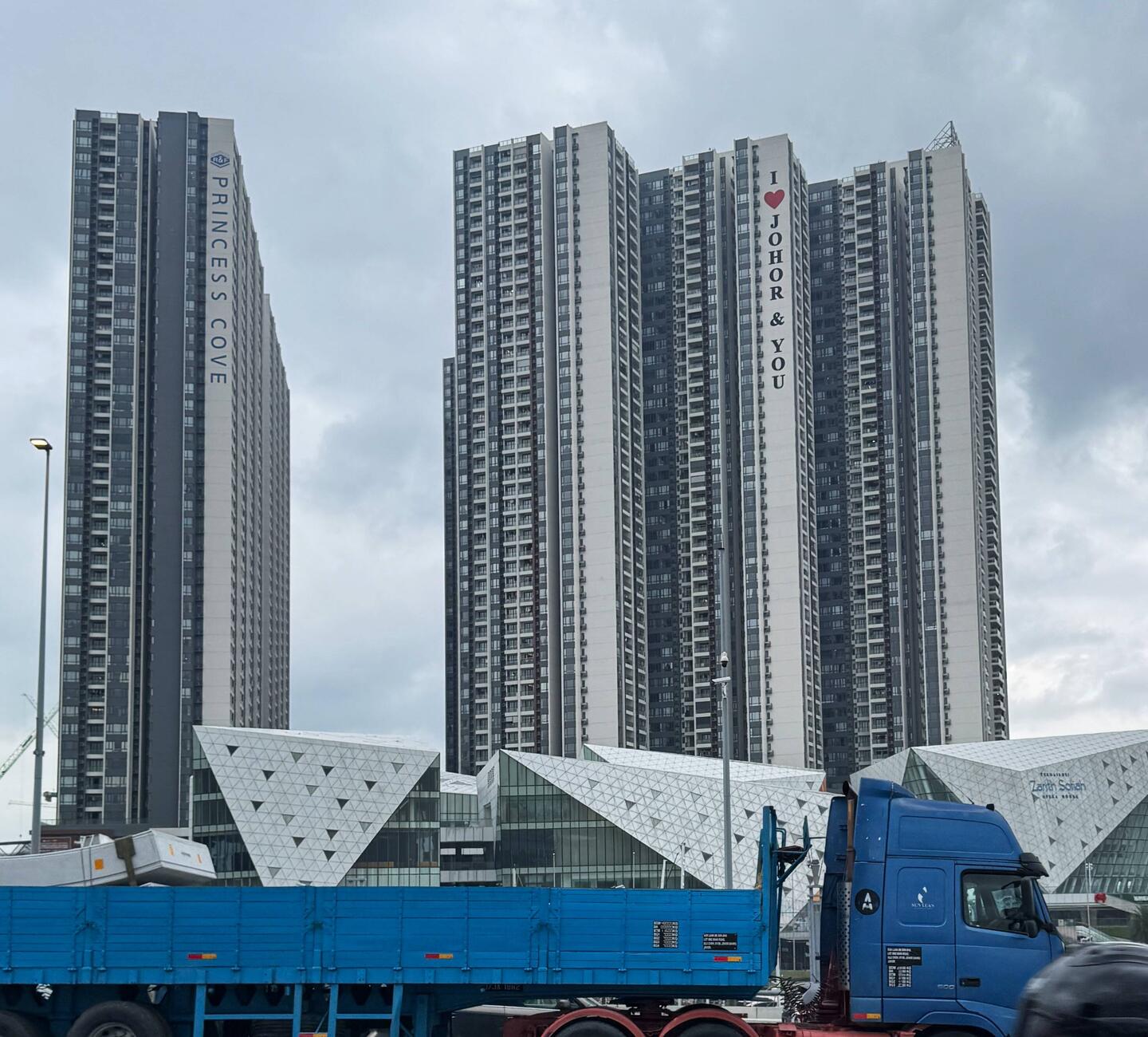 Our first sight of Malaysia was pretty grey. 'I ❤️ Johor & You.' Feeling is not mutual.