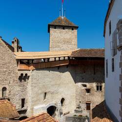 View of one of the courtyards from a sentry walk ... Château de Chillon — Veytaux, Switzerland.