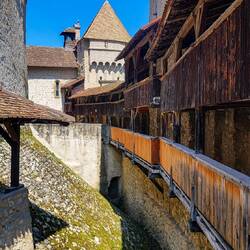 Sentry walks like this one connected the key towers ... Château de Chillon — Veytaux, Switzerland.