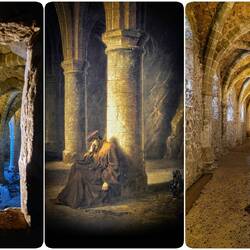 Underground rooms & painting depicting Bonivard as the Prisoner of Chillon (inspiring Byron's poem.)